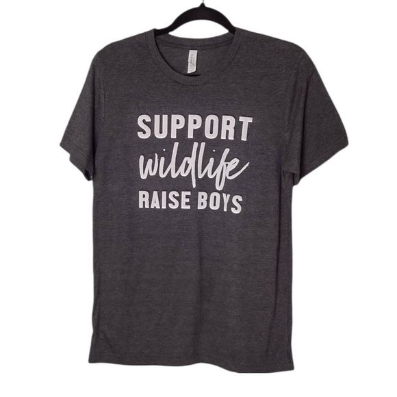 CANVAS Womens M Gray White Graphic Tee T-Shirt Top "Support Wildlife Raise Boys" - Picture 1 of 7